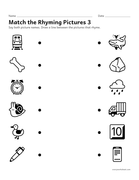 Preview of the printable “Match the rhyming pictures 3” worksheet: matching pictures whose names rhyme