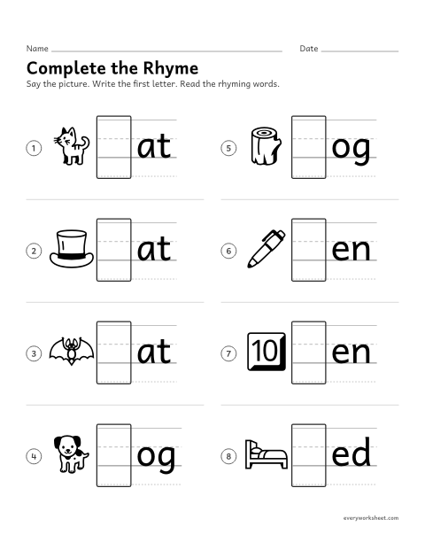 Preview of the printable “Complete the rhyme” worksheet: writing the first letter to make rhyming words
