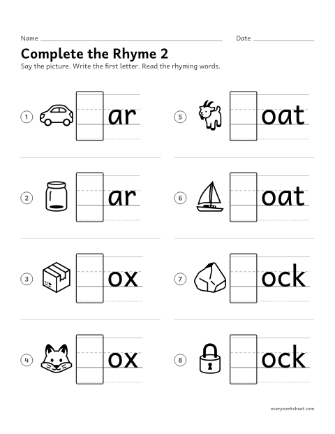 Preview of the printable “Complete the rhyme 2” worksheet: writing the first letter to make rhyming words