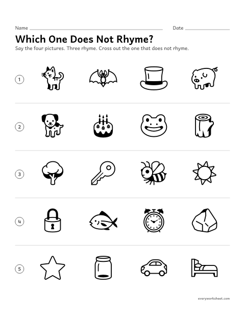 Preview of the printable “Which one does not Rhyme?” worksheet: finding the word that does not rhyme