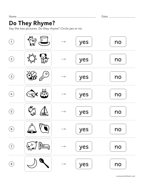 Preview of the printable “Do they Rhyme?” worksheet: hearing whether two words rhyme