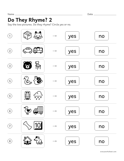 Preview of the printable “Do they Rhyme? 2” worksheet: hearing whether two words rhyme