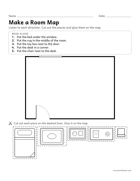 Preview of the printable “Room map cut and paste” worksheet: building a room map by following position words (under, middle, next to, corner)