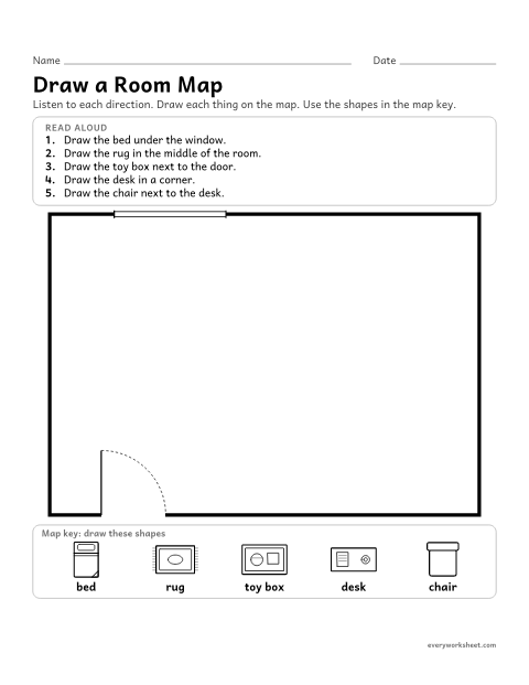Preview of the printable “Room Map: draw and follow directions” worksheet: drawing a room map by following position words (under, middle, next to, corner)