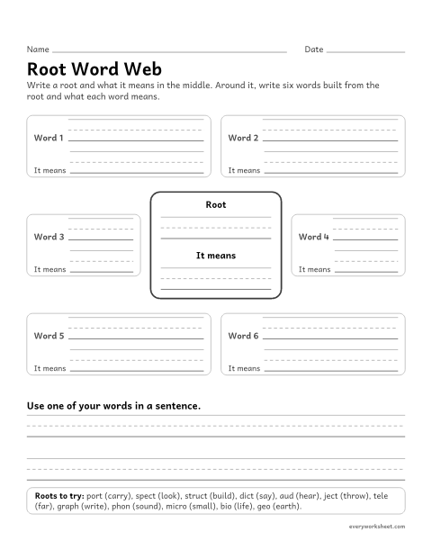 Preview of the printable “Root word web” worksheet: collecting words that share a root and what they mean