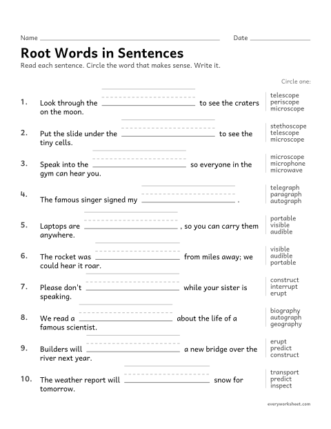 Preview of the printable “Root words in sentences” worksheet: choosing the word with the right root to complete a sentence