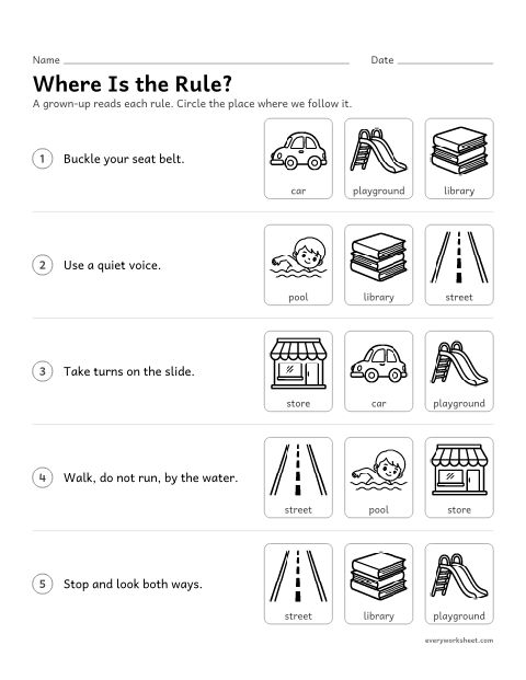Preview of the printable “Rules in different places” worksheet: matching rules to the places inside and outside school where we follow them