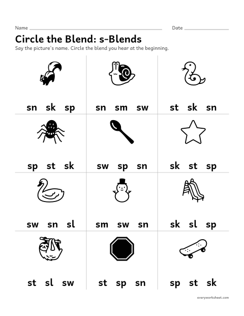 Preview of the printable “Circle the Blend: s-Blends” worksheet: hearing the s-blend at the beginning of a word