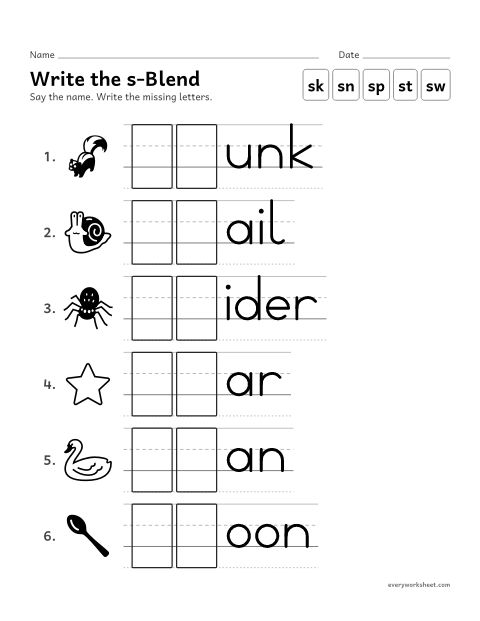 Preview of the printable “Write the s-Blend” worksheet: writing the s-blend that begins a word