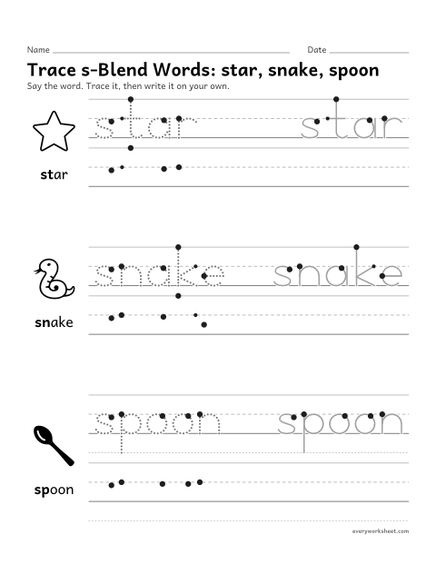Preview of the printable “Trace s-Blend Words: star, snake, spoon” worksheet: writing words that begin with s-blends