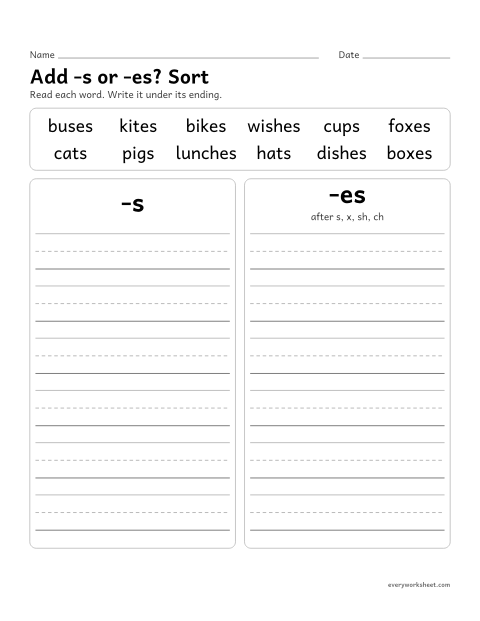 Preview of the printable “Add -s or -es? sort” worksheet: sorting plural words by -s or -es
