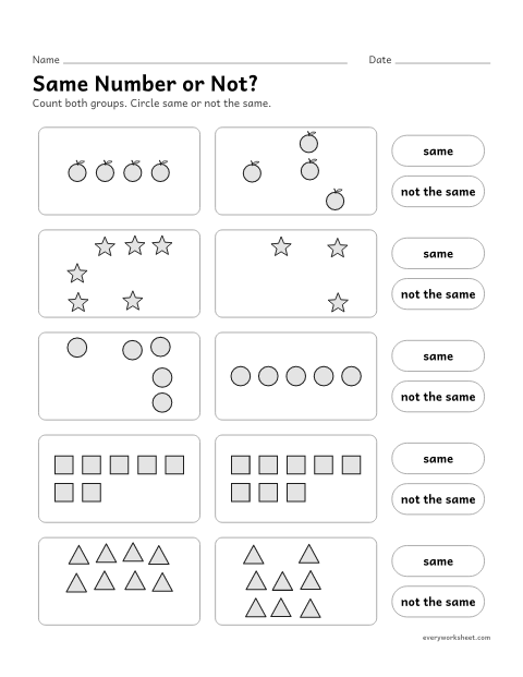 Preview of the printable “Same number or Not?” worksheet: telling whether two groups are equal