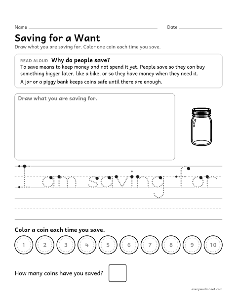Preview of the printable “Saving money Worksheet: coin tracker” worksheet: explaining why people save and tracking savings