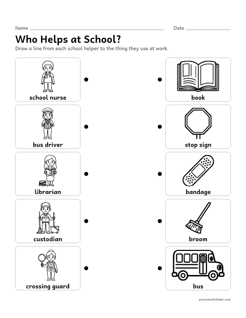 Preview of the printable “School helpers matching” worksheet: matching school helpers to the tools they use to help us