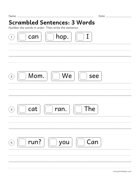 Preview of the printable “Scrambled Sentences: 3 words” worksheet: putting three words in order to make a sentence