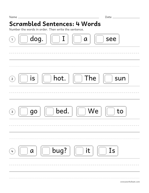 Preview of the printable “Scrambled Sentences: 4 words” worksheet: putting four words in order to make a sentence