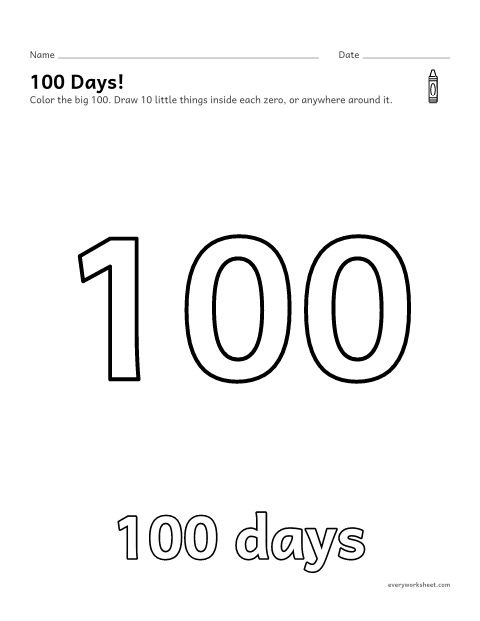 Preview of the printable “100th day of school coloring page” worksheet: coloring a big number and drawing groups
