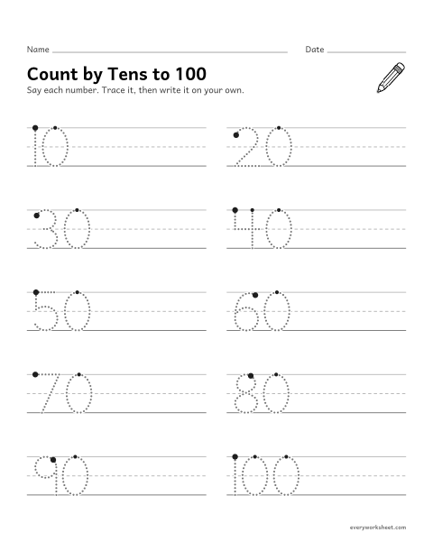Preview of the printable “Count by tens to 100: trace and write” worksheet: counting by tens to 100 and writing the numbers