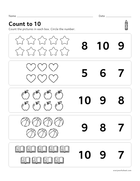 Preview of the printable “Count to 10: 100th day counting for preschool” worksheet: counting up to 10 and matching the number