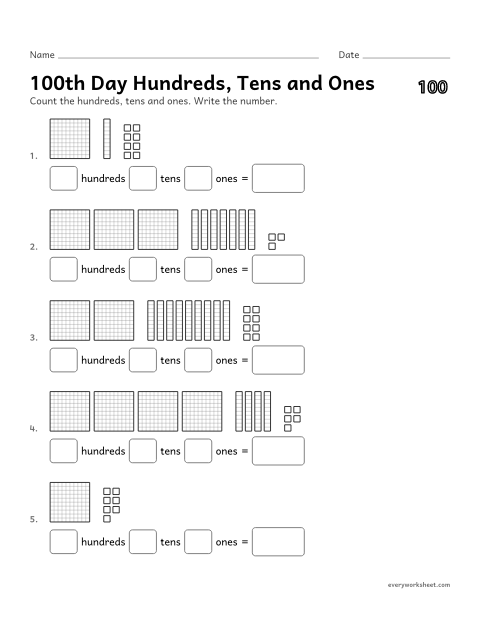 Preview of the printable “100th day Hundreds, tens and ones” worksheet: reading three-digit numbers shown with base-ten blocks