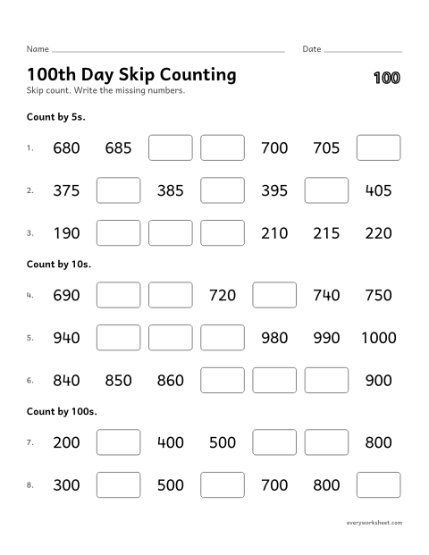 Preview of the printable “100th day skip counting” worksheet: skip counting by 5s, 10s and 100s within 1000