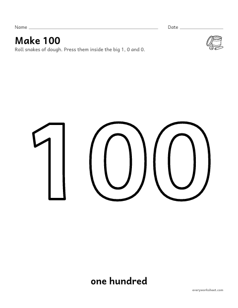 Preview of the printable “100th day playdough mat” worksheet: rolling dough to build a big number