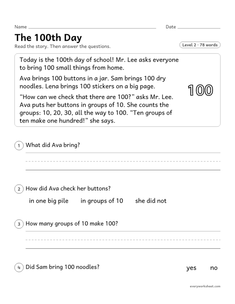 Preview of the printable “The 100th day of School: reading passage” worksheet: reading a short story and answering questions about key details