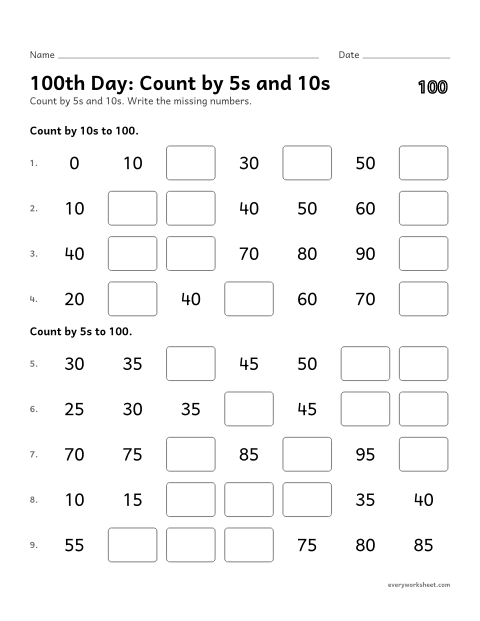 Preview of the printable “100th Day: count by 5s and 10s” worksheet: skip counting by 5s and 10s to 100