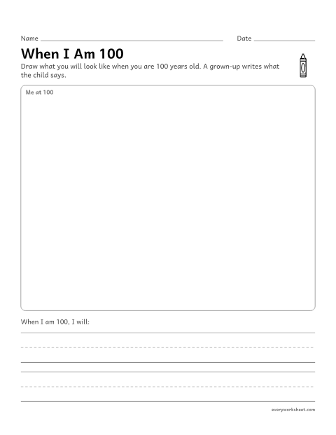 Preview of the printable “When I am 100 years old drawing page for preschool” worksheet: drawing and telling about myself in the future
