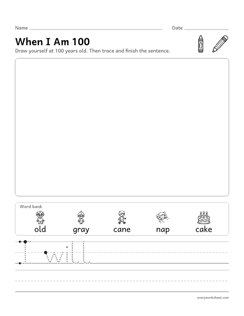 Preview of the printable “When I am 100 years old writing prompt for kindergarten” worksheet: drawing and writing to tell an idea