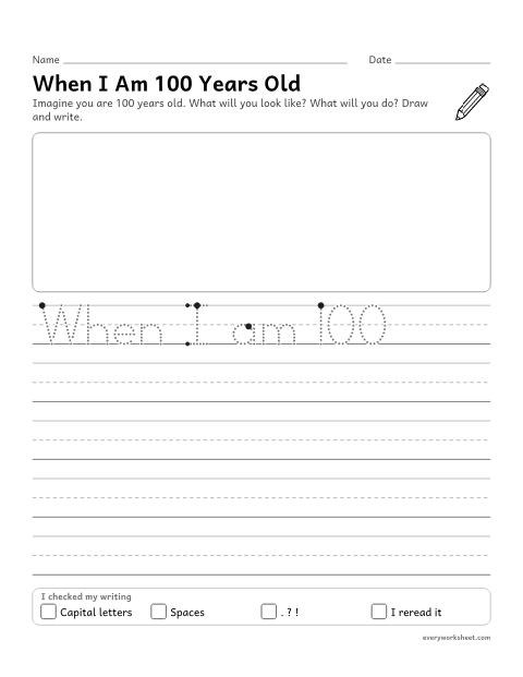 Preview of the printable “When I am 100 years old writing prompt for 1st grade” worksheet: writing a narrative with details