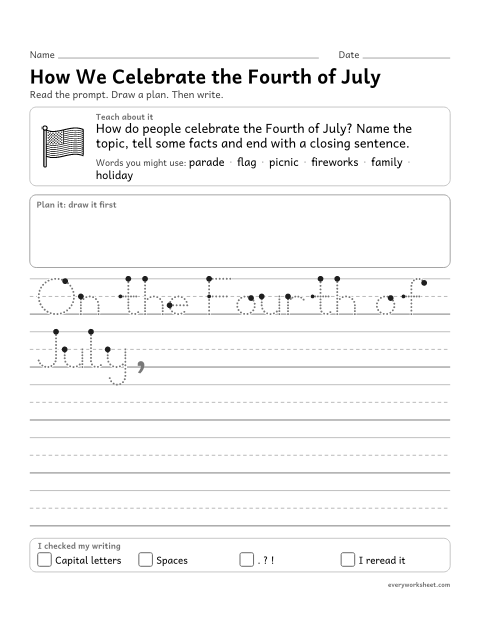 Preview of the printable “How we celebrate the fourth of july” worksheet: writing an informative text with a topic, facts and a closing