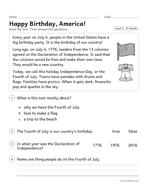 Preview of the printable “Happy Birthday, America!” worksheet: telling the main topic and key details of a nonfiction text