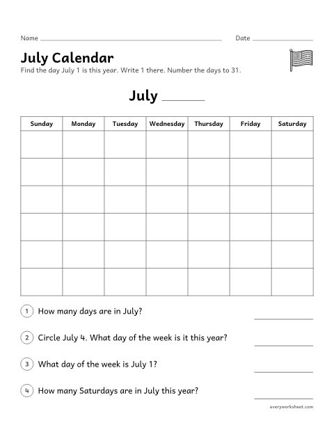 Preview of the printable “July calendar” worksheet: filling in and reading a monthly calendar