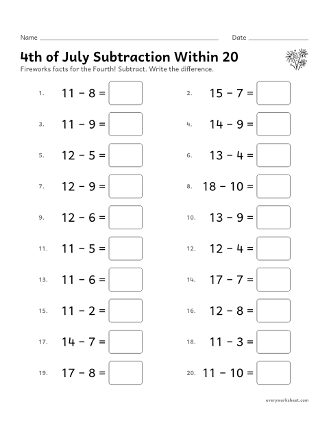 Preview of the printable “4th of july subtraction within 20” worksheet: subtracting from 11 to 20