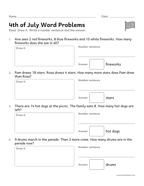 Preview of the printable “4th of july word problems” worksheet: solving add, take away, compare and three-addend word problems within 20