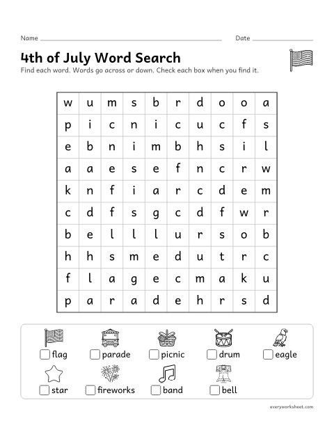 Preview of the printable “4th of july word search” worksheet: reading and finding 4th of july words