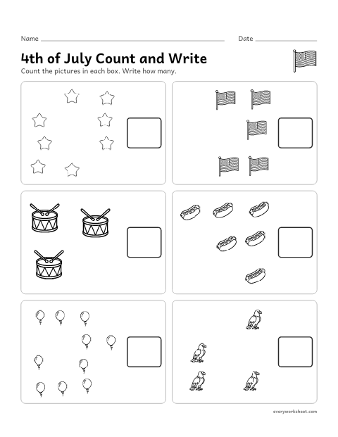 Preview of the printable “4th of july count and write” worksheet: counting up to 10 objects in a scattered group and writing the number