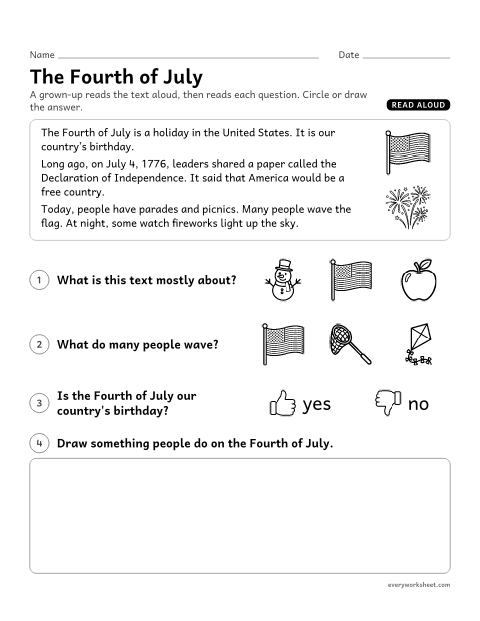 Preview of the printable “The fourth of july” worksheet: listening to an informational text and naming the main topic and key details