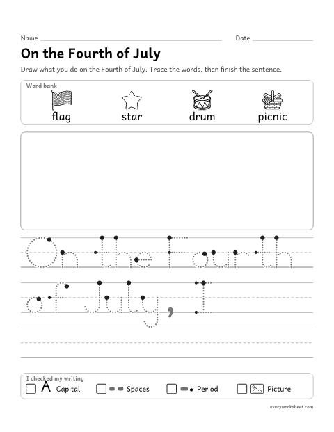Preview of the printable “On the fourth of july” worksheet: drawing and writing about a holiday
