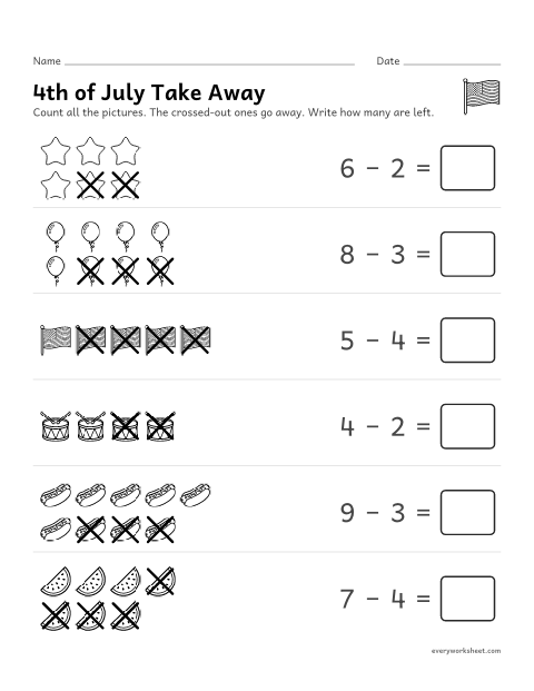 Preview of the printable “4th of july take away” worksheet: taking away within 10 with pictures