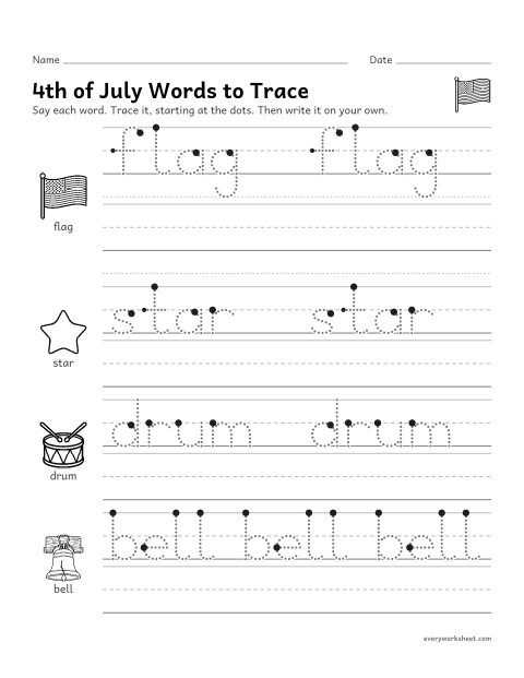 Preview of the printable “4th of july words to trace” worksheet: tracing and writing 4th of july words