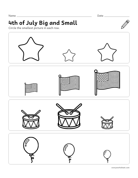 Preview of the printable “4th of july big and small” worksheet: comparing sizes and finding the smallest