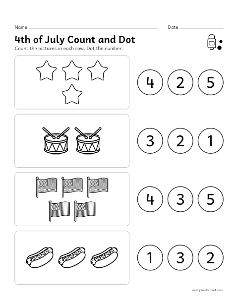 Preview of the printable “4th of july count and dot” worksheet: counting 1 to 5 pictures and finding the number