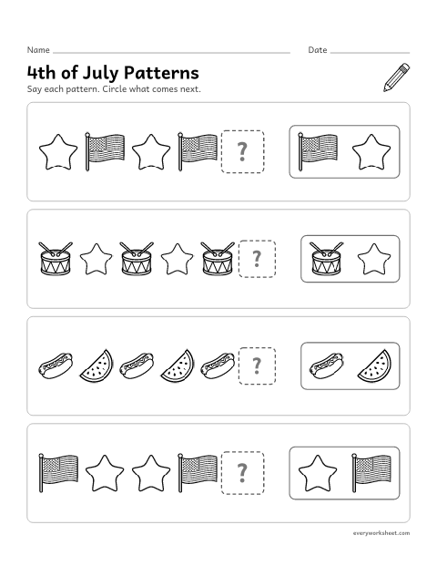 Preview of the printable “4th of july patterns” worksheet: finding what comes next in AB and ABB patterns
