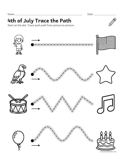 Preview of the printable “4th of july trace the path” worksheet: tracing straight, wavy and zigzag lines from left to right