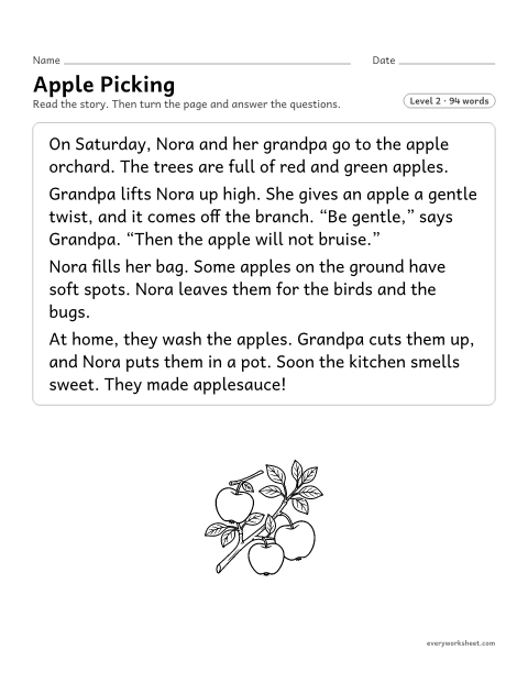 Preview of the printable “Apple picking” worksheet: answering questions about key details in a story about picking apples