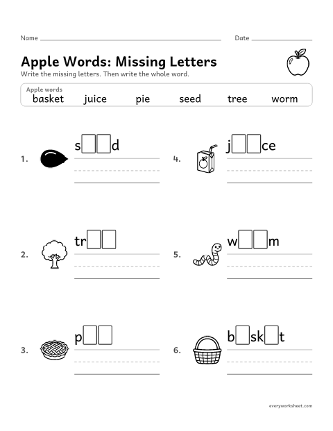 Preview of the printable “Apple Words: missing letters” worksheet: spelling apple words with vowel teams and r-controlled vowels