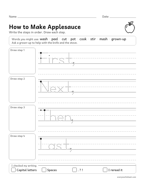 Preview of the printable “How to make applesauce” worksheet: writing how-to steps in order with time words