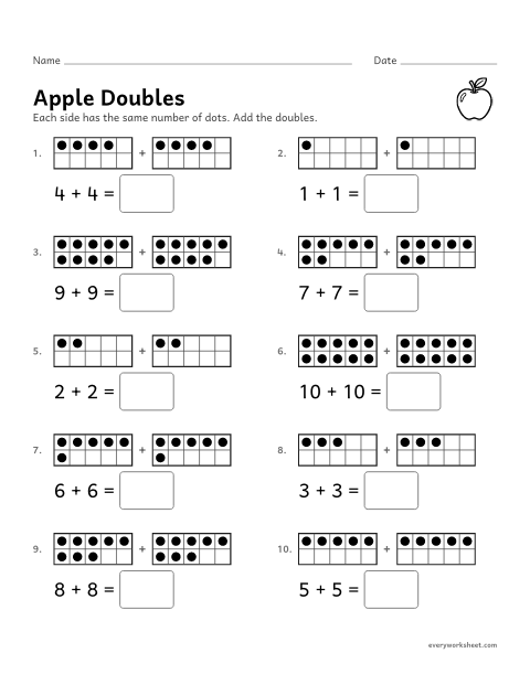 Preview of the printable “Apple doubles” worksheet: adding doubles from 1 + 1 to 10 + 10